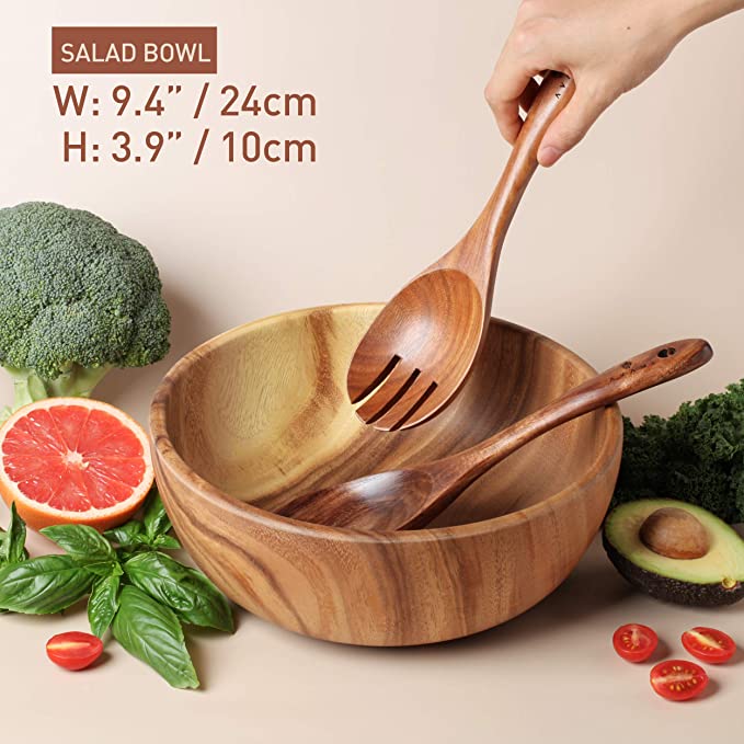 Acacia Wood Salad Bowl with Servers Set - Large 9.4 inches Solid Hardwood Salad Wooden Bowl with Spoon for Fruits ,Salads and Decoration by AVAMI