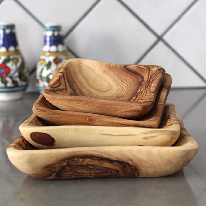 Stunning Set of 4 Olive Wood Rectangle Shaped Bowl, Hand Crafted Wooden Heart bowls, Kitchen Decor Gifts, Holy Land Wooden Serving Bowl Gift