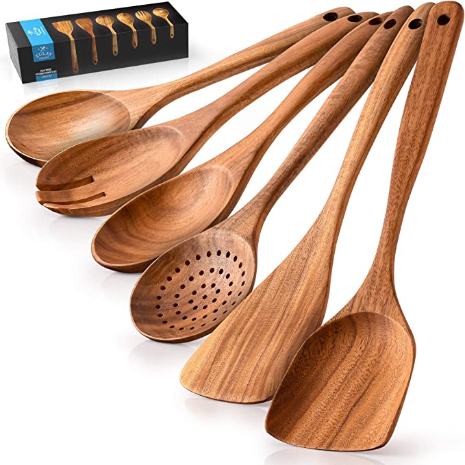Zulay Kitchen Premium Wooden Utensils For Cooking - 6 Pc Set Non-Stick Soft Comfortable Grip Wooden Cooking Utensils - Smooth Finish Teak Wooden Spoon Sets For Cooking