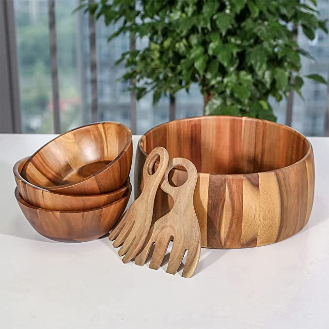 Wooden Salad Bowls Set of 6, Large Rustic Wood Salad Serving Bowl With Salad Claw Servers, Food Mixing Bowl for Vegetables Salad Vegetables Fruits Cereal Cornflake Snacks Home Party Dinner